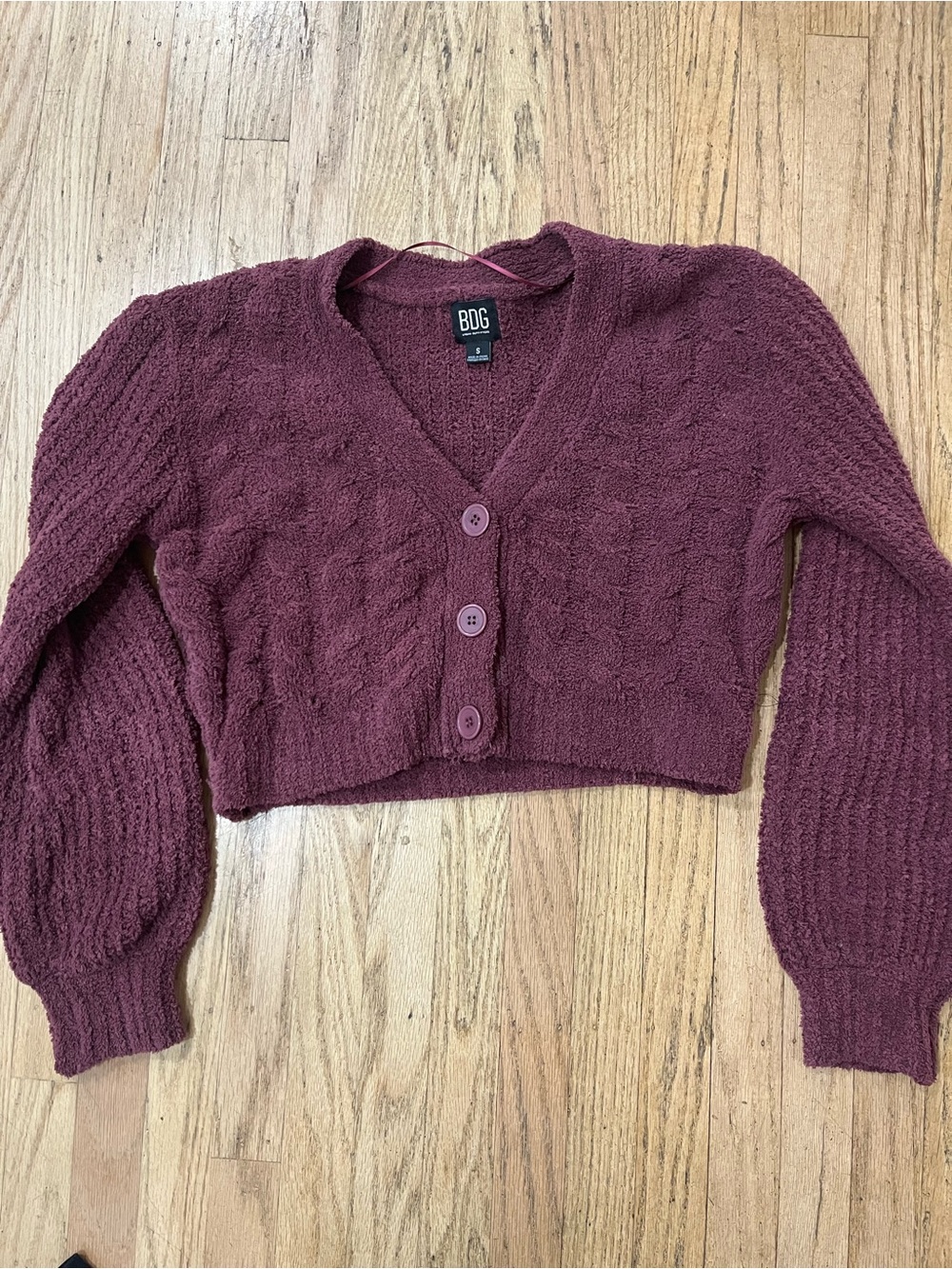 BDG Burgundy Cropped V-Neck Button-Front Sweater Cardigan